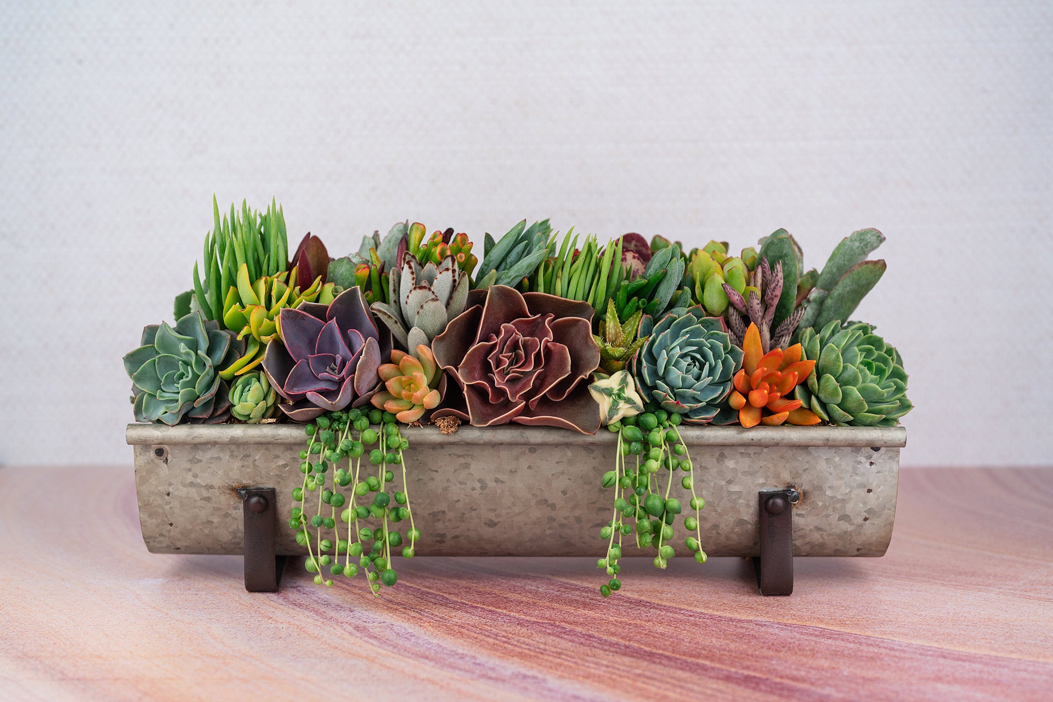 succulent center pieces Galvanized Metal Long and Narrow Succulent Centerpiece