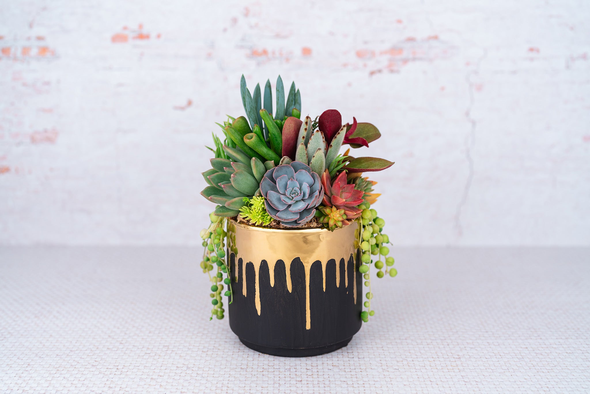 Black and Gold Drip Paint Succulent Arrangement Planter