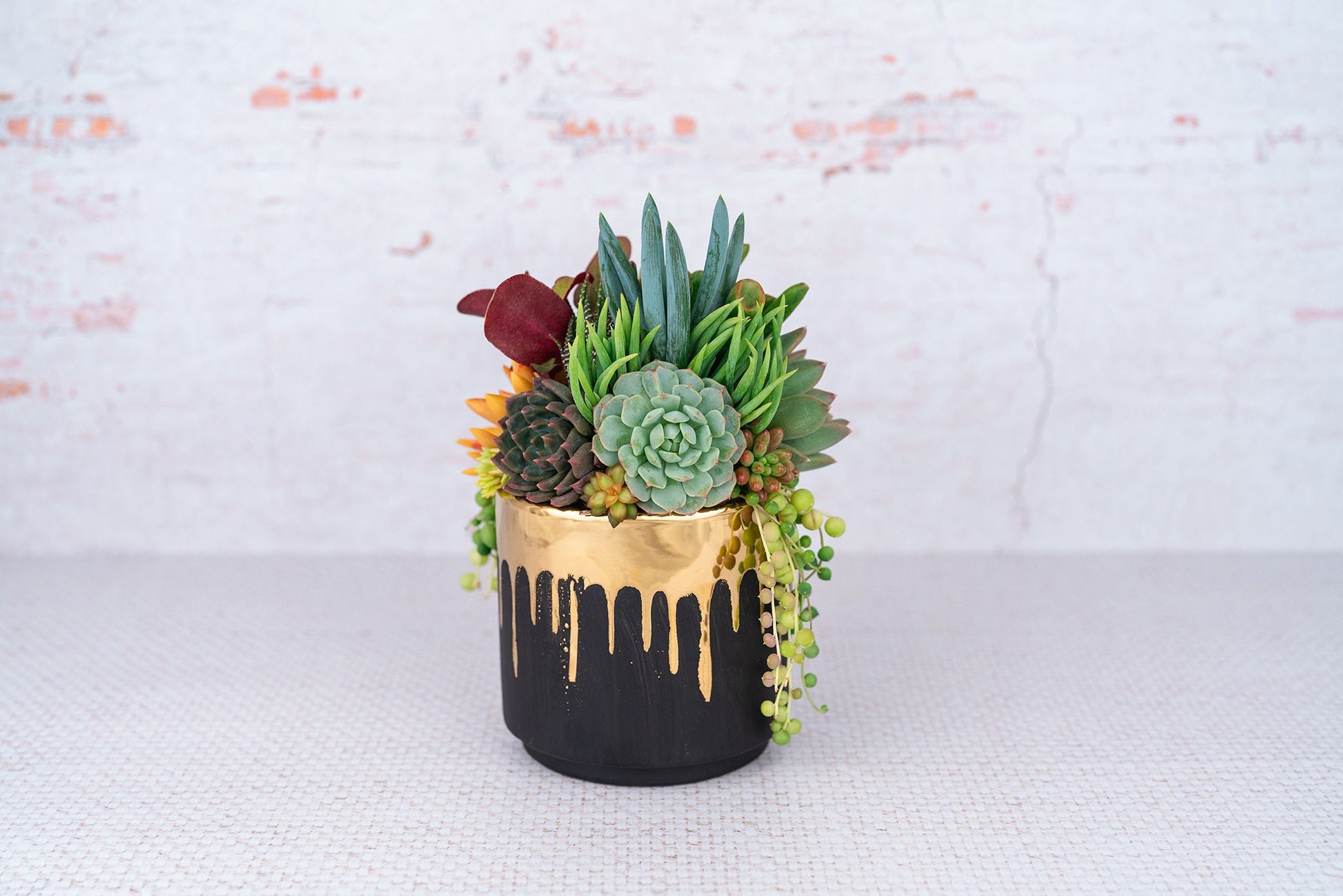 Black and Gold Drip Paint Succulent Arrangement Planter: Modern Living Succulent Gift, Centerpiece for Weddings & Events, Housewarming Gift