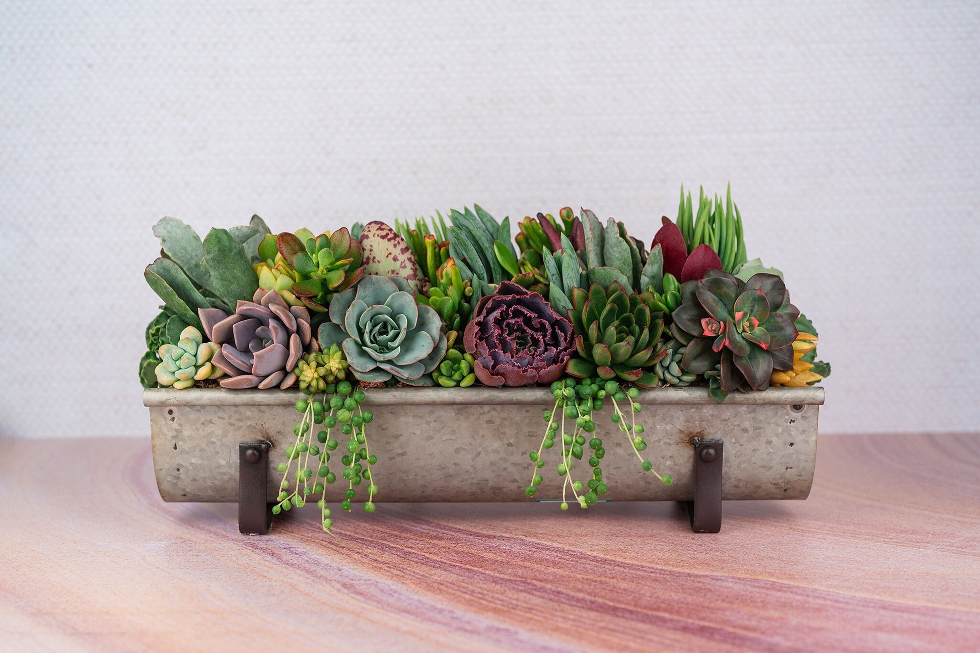 living succulent table Galvanized Metal Long and Narrow Succulent Centerpiece