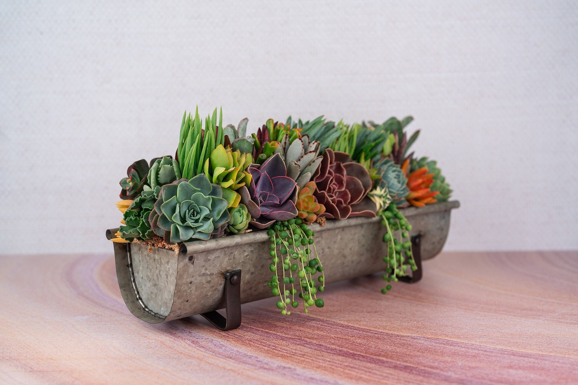 extra large faux succulents Galvanized Metal Long and Narrow Succulent Centerpiece