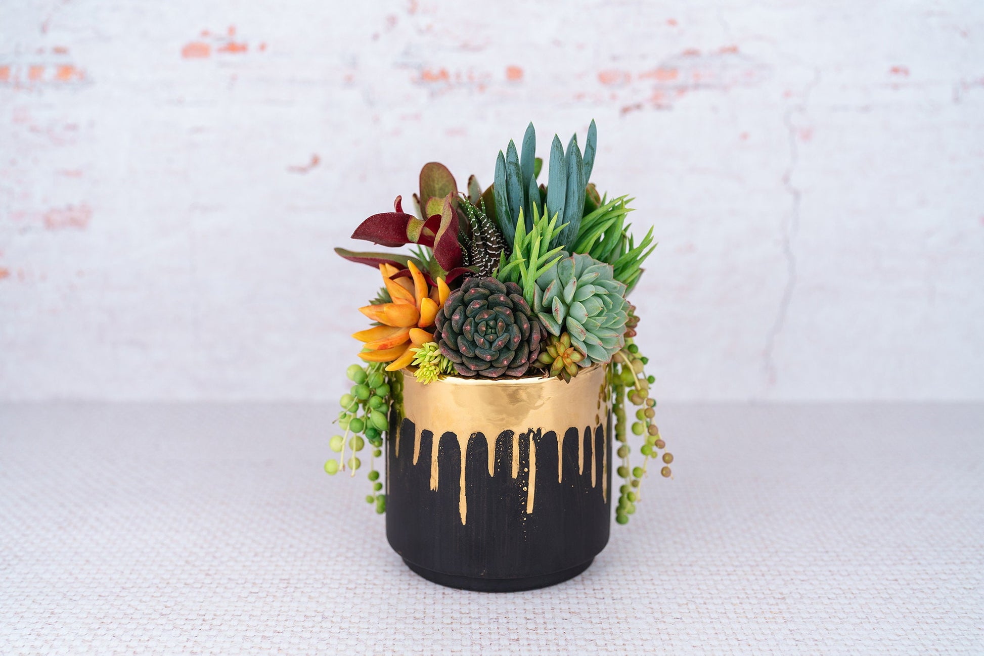 Black and Gold Drip Paint Succulent Arrangement Planter: Modern Living Succulent Gift, Centerpiece for Weddings & Events, Housewarming Gift