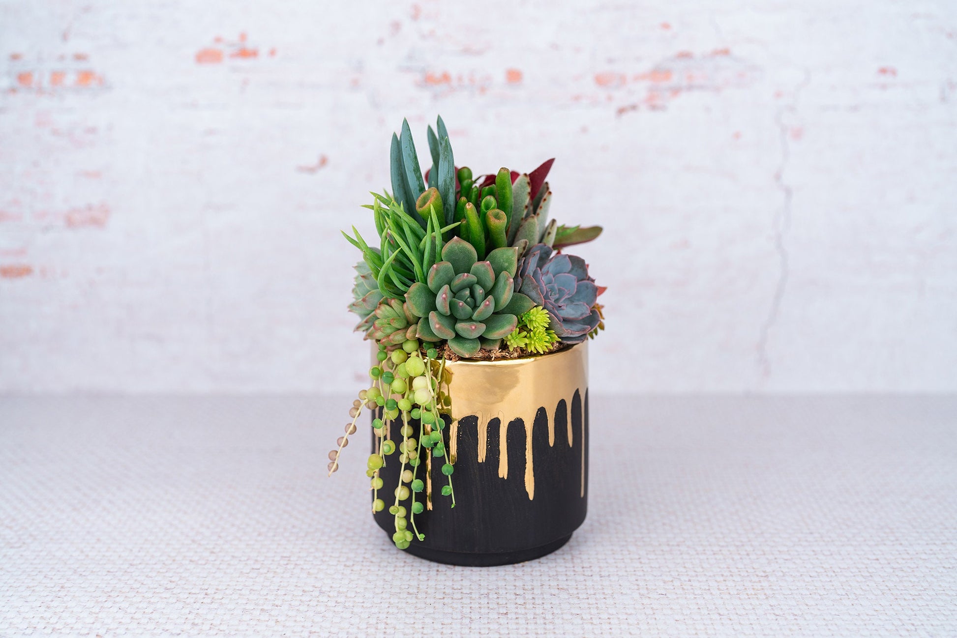 Black and Gold Drip Paint Succulent Arrangement Planter: Modern Living Succulent Gift, Centerpiece for Weddings & Events, Housewarming Gift