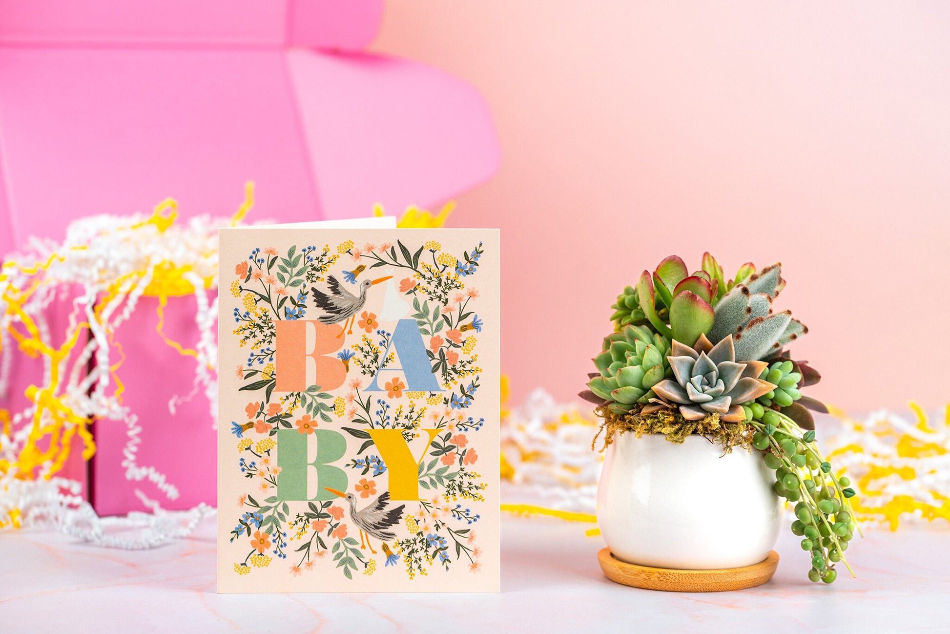 Baby Shower, Mom to Be, New Baby Succulent Gift Box | Living Succulent Arrangement + Personalized Greeting Card, Gender Neutral Baby Gift