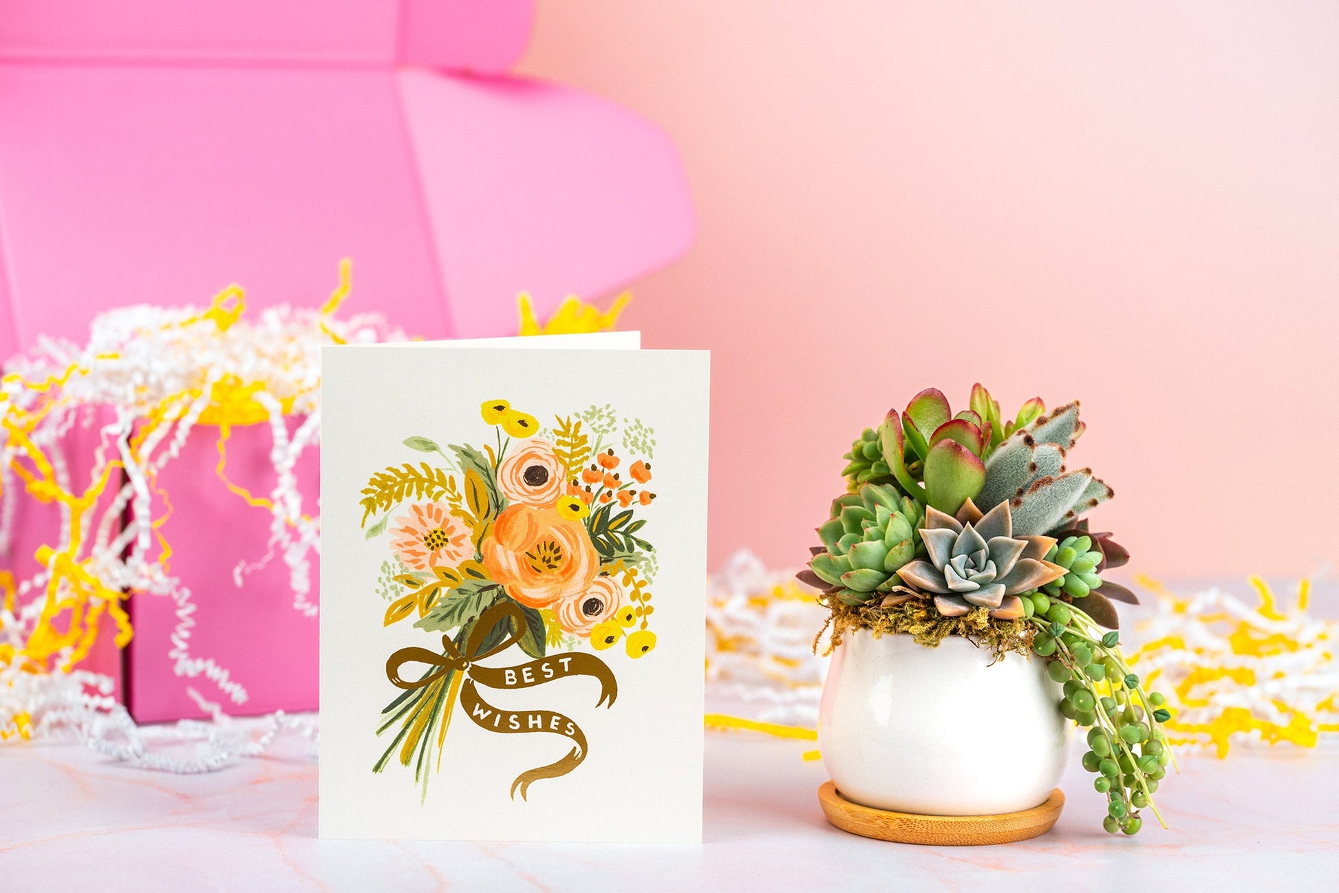 Best Wishes Wedding Congratulations Succulent Gift Box | Living Succulent Arrangement + Personalized Greeting Card, Wedding Shower Gift