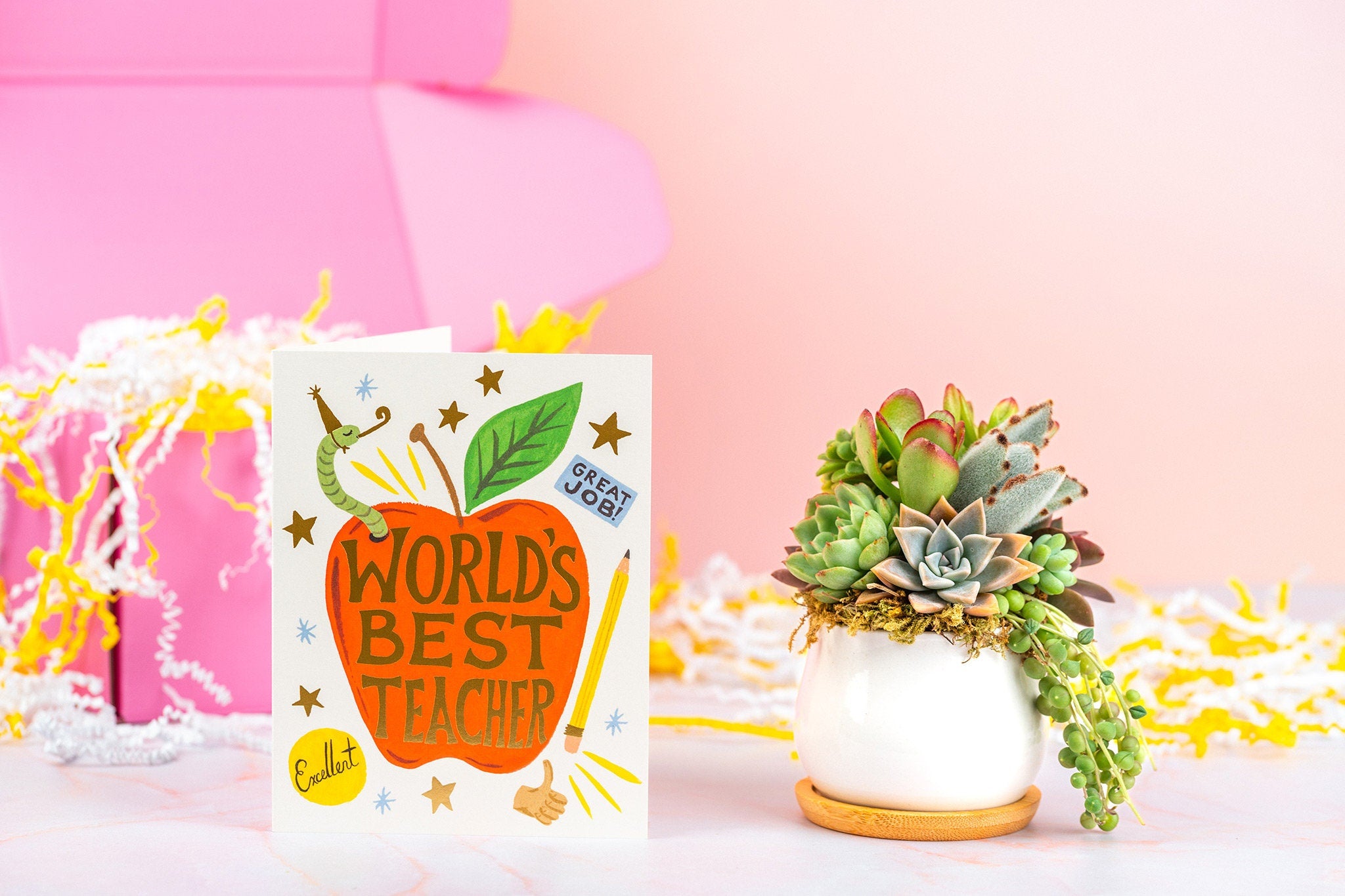 World's Best Teacher Gift Box | Succulent Arrangement + Personalized Greeting Card, Teacher or Tutor Appreciation Gift