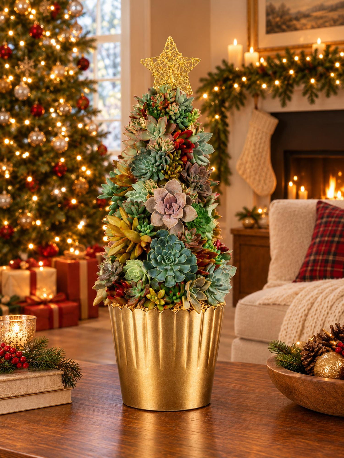 Living Succulent Christmas Tree, 23 Inch Tabletop Holiday Centerpiece, Gold Container, Real Succulent Tree Gift, Handmade San Diego