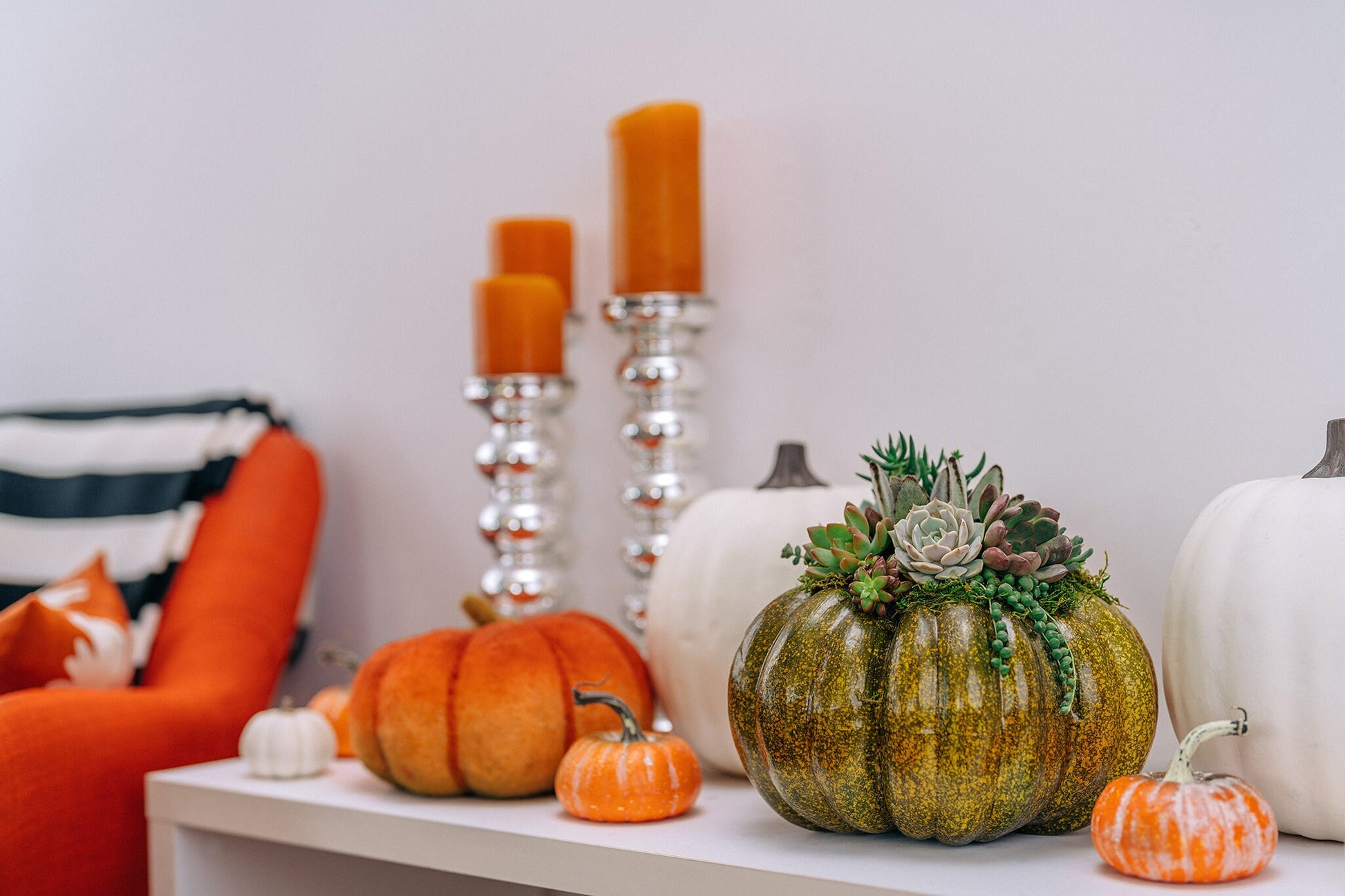 Orange-Green Faux Pumpkin with Living Succulents | Fall Gift for Housewarming & Hosts | Autumn Table Decor | Thanksgiving-Halloween