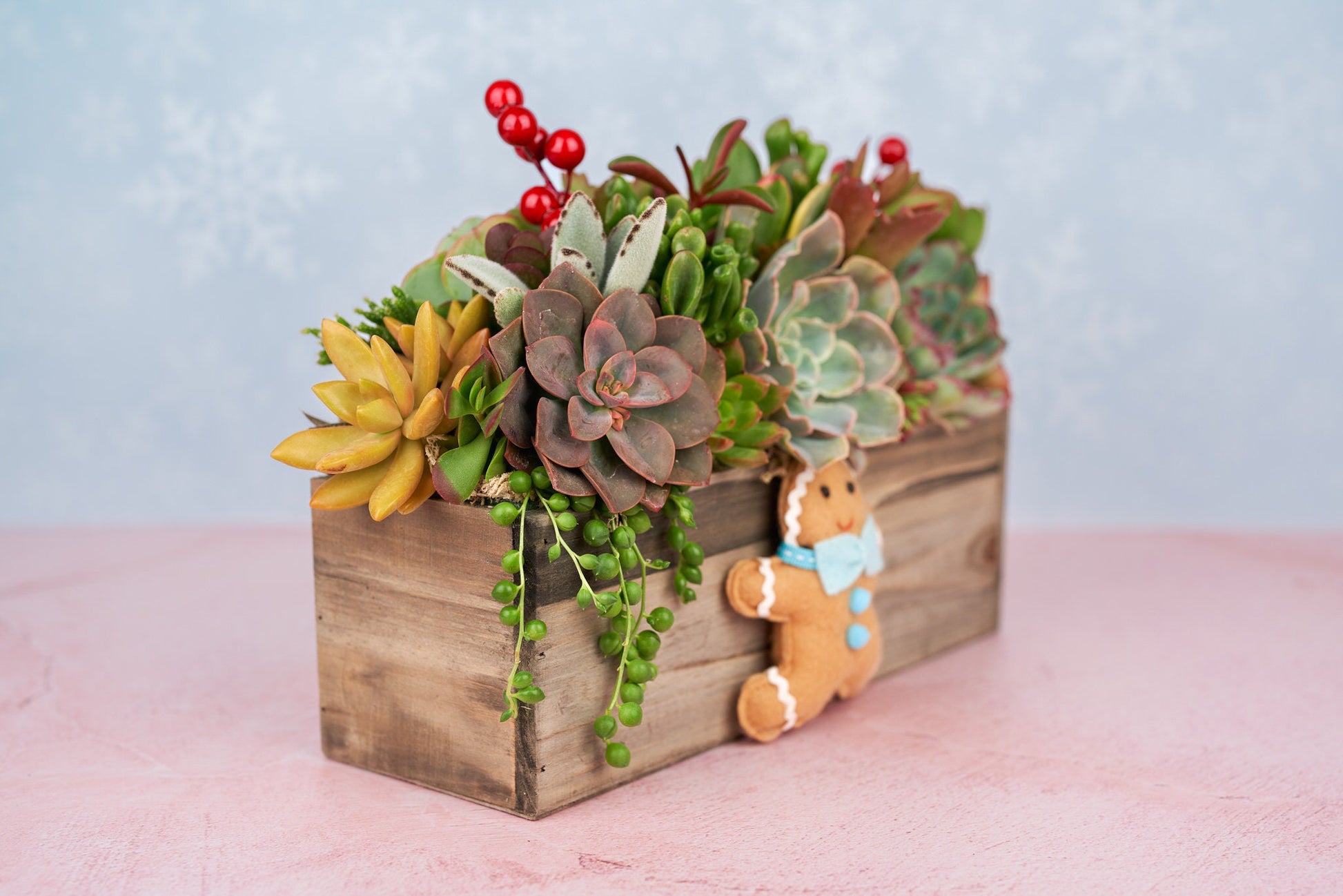 Christmas Rustic Wood Rectangle Succulent Arrangement with Gingerbread Man Ornament: Holiday Centerpiece or Home Decor