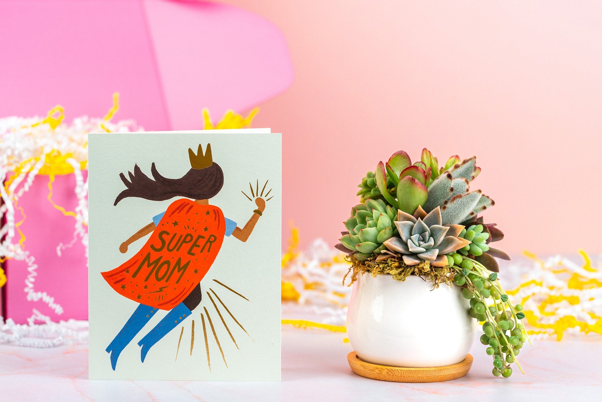 Flying Super Mom | Mother's Day Succulent Arrangement Gift Box | Care Package for Mom, Sister, or Friend